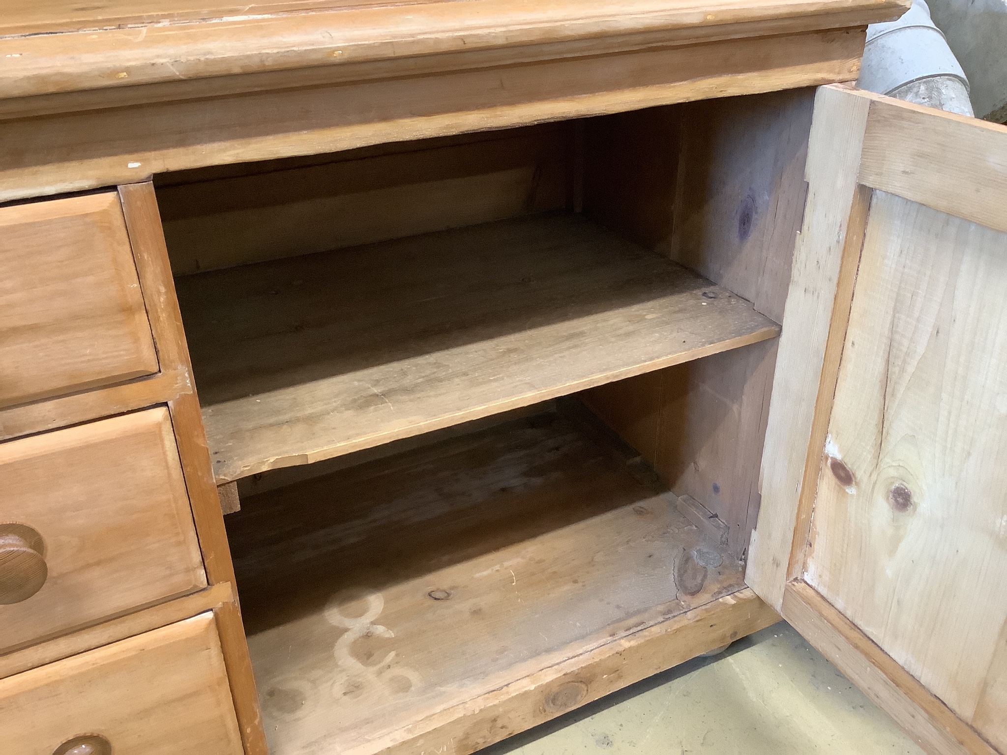 A Victorian pale pine low dresser, width 136cm, depth 51cm, height 104cm